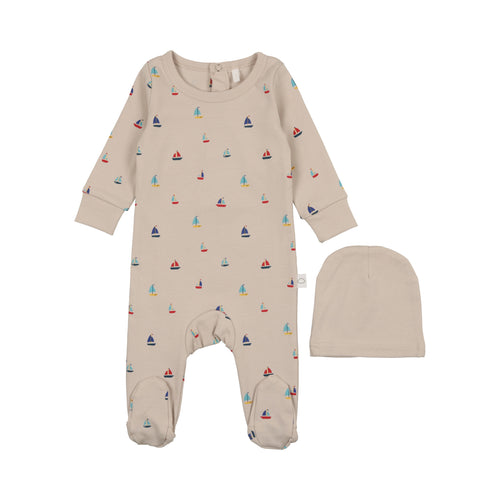 Sailboat Print Footie- Taupe