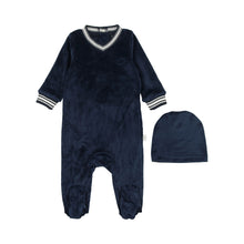 Load image into Gallery viewer, Velour Varsity Footie- Midnight Blue