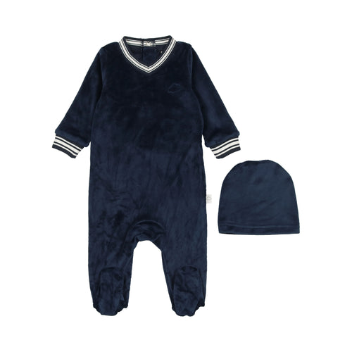 Velour Varsity Footie- Midnight Blue