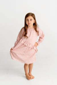 Gingham Long Sleeve Dress- Pink